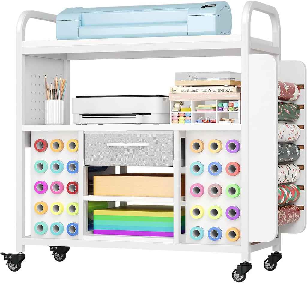 Skiennix Craft Organization Cart - Rolling Storage Table with Vinyl Roll Holder & Drawer - Large, Versatile Design