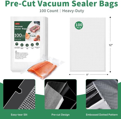 Aotto Vacuum Sealer Bags - 100 Count Quart 8" x 12" BPA-Free Commercial Grade Food Storage Bags