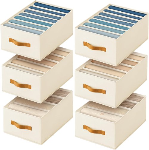 Homsorout Clothes Organizer - Foldable Fabric Jeans Storage with Handles | 6 Pack, Beige, 4/5/7 Grids