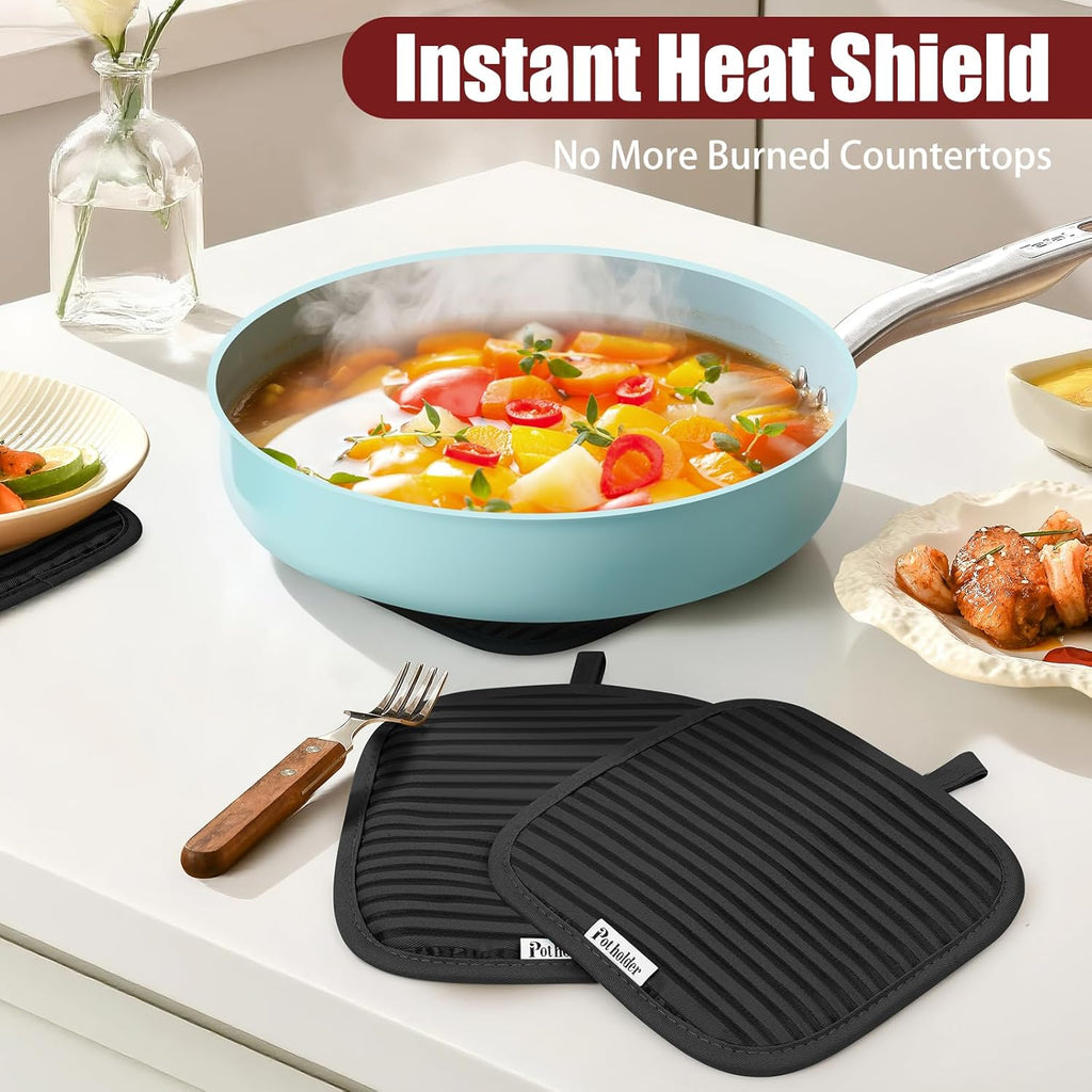 Skiennix Oven Mitts and Pot Holder Set - 500°F Heat Resistant Silicone Grip | 6 Pack Cotton Dish Towels - Black Kitchen Essentials