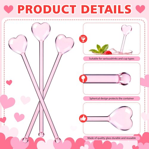 16 Pcs Valentines Day Glass Drink Stirrers, Heart Swizzle Sticks Valentines Stir Sticks for Cocktail Coffee Whiskey, Reusable Stirrers for Home Bar Restaurant Party Supplies
