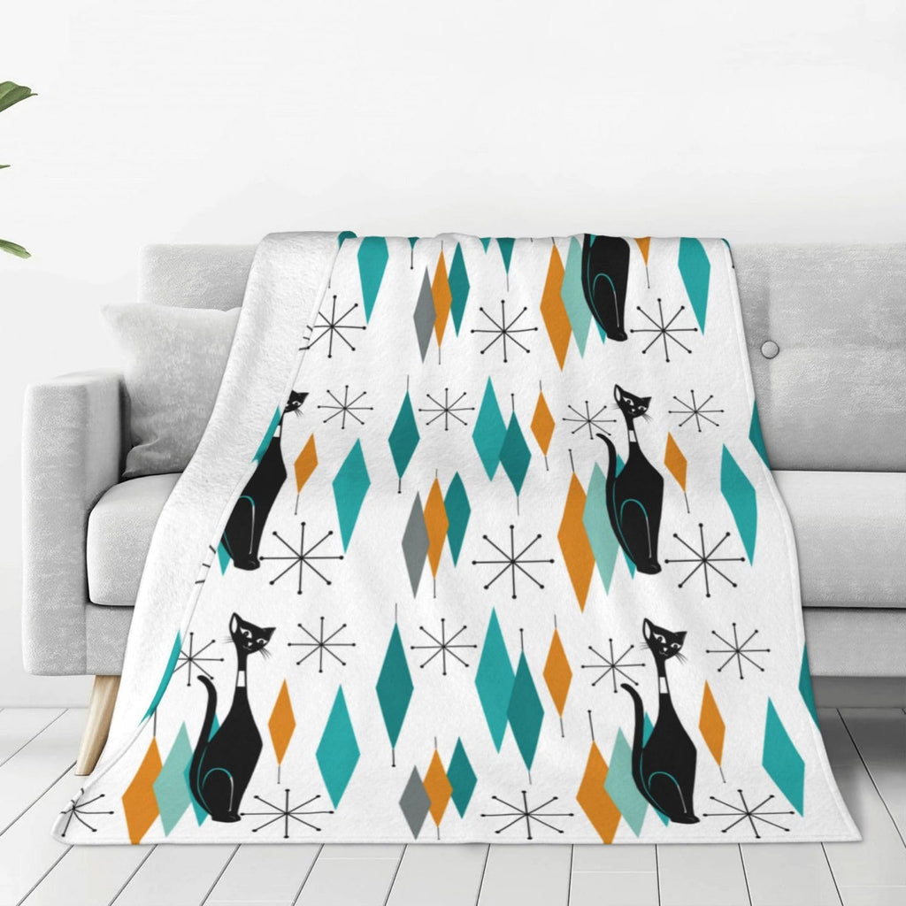 Mid Century Cat Fleece Throw Blanket Soft Flannel Plush Lightweight Warm Cozy Blanket for Men Women Couch Bed Sofa Travel 60"x80"