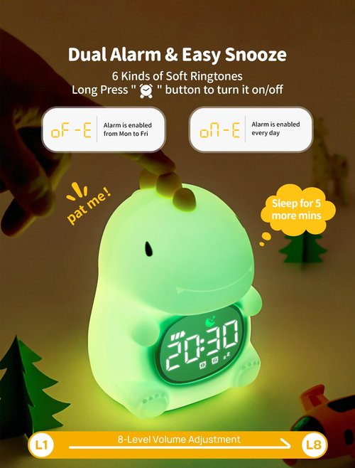 MASHI Dinosaur Alarm Clock with Night Light, Toddler Sleep Training Clock with Sun & Moon, Sleep Sound Machine, ok to Wake Clock for Kids, Digital Alarm Clocks for Bedrooms,Gift Ideas for Kids Child