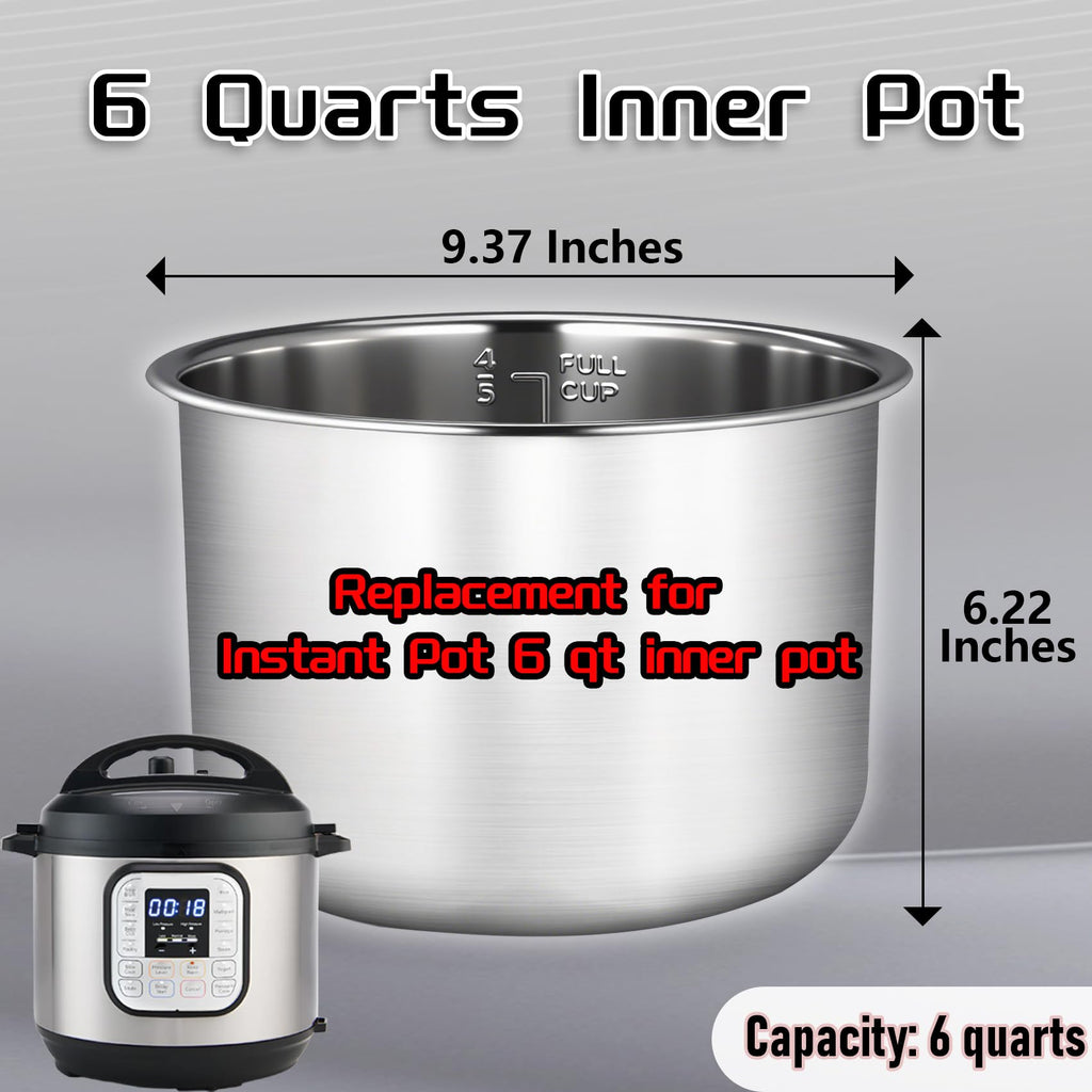 Upgraded Stainless Steel Inner Pot for Instant Pot 6 QT, Replacement Pot for Instant Pot 6 Quart, 304[18/8] stainless steel thickened design, 0 Coating, Non-Toxic (No Teflon). 3 Year Warranty.