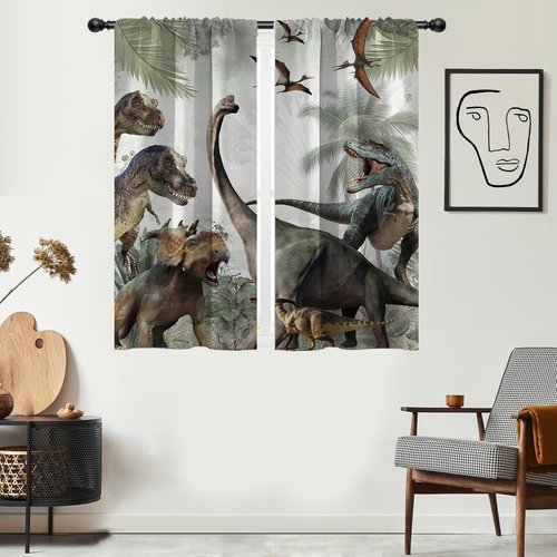 EOVDSFW Dinosaur Window Curtains Rod Pocket Jurassic Dino for Boys Kids Girls Animals Nature Wild Forest Leaf Cute Teen Room Drapes 2 Panels for Living Bedroom Home Decor 42X63 inch