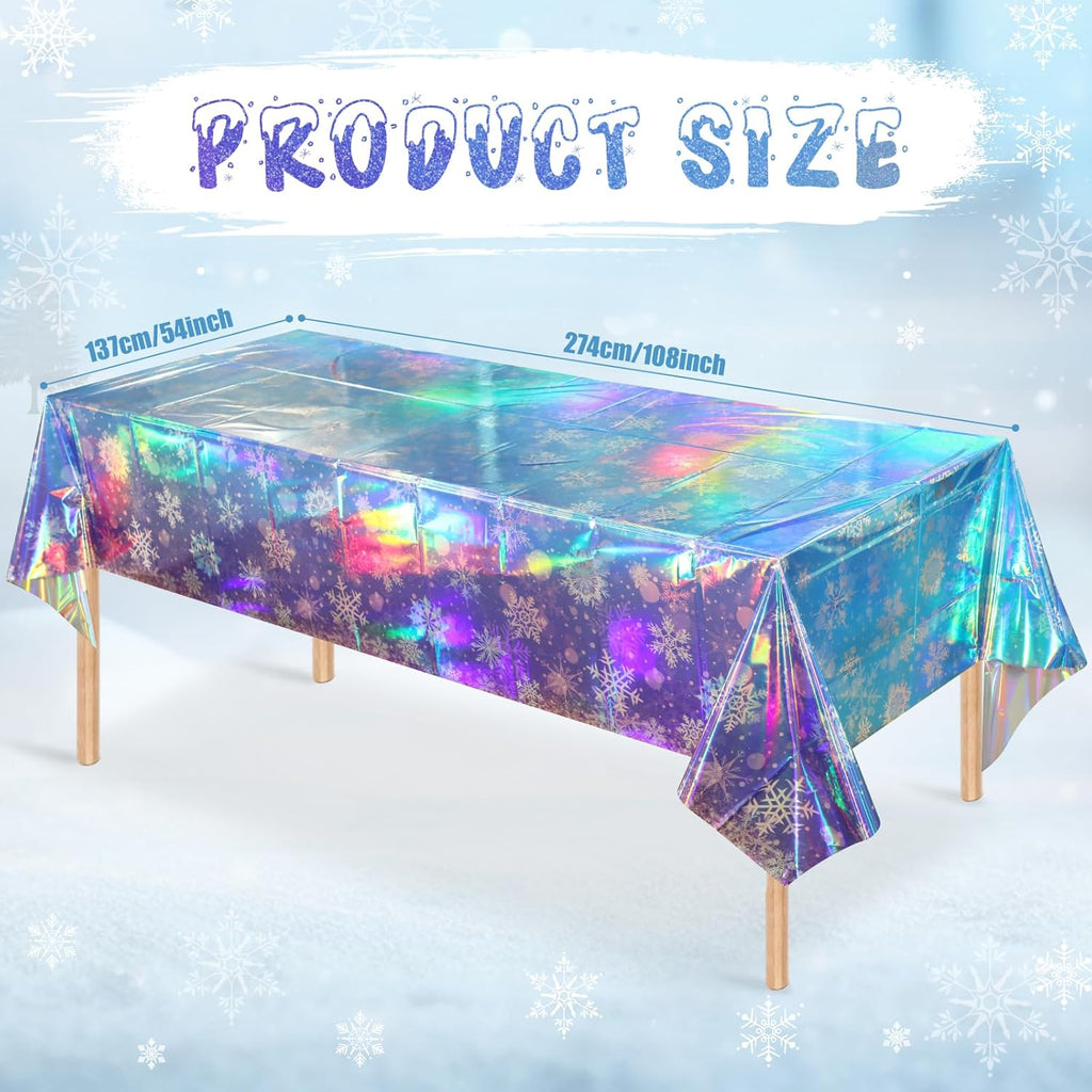 Skiennix Iridescent Snowflake Tablecloth - Holographic Blue & Purple | 54x108 Inch Disposable Cover