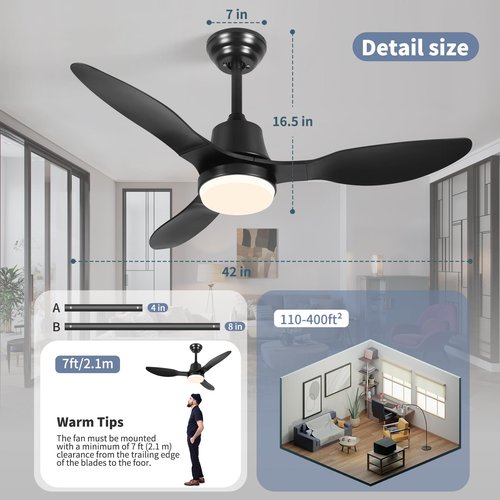 42 Inch Smart Ceiling Fans with Lights Remote LED Dimmable,Outdoor Indoor Modern Ceiling Fan Controlled by WiFi Alexa App,FCC Quiet DC Motor,3 Black Blades for Bedroom Living Room Patio Porch