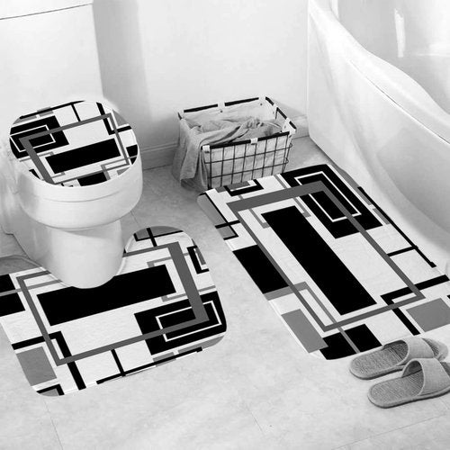 Onalasyc 4Pcs Black Geometric Shower Curtain with Rugs Set Waterproof Black Bathroom Sets with Shower Curtain and Rugs Abstract Geometric Modern Bathroom Curtains Shower Set with 12 pcs Hooks