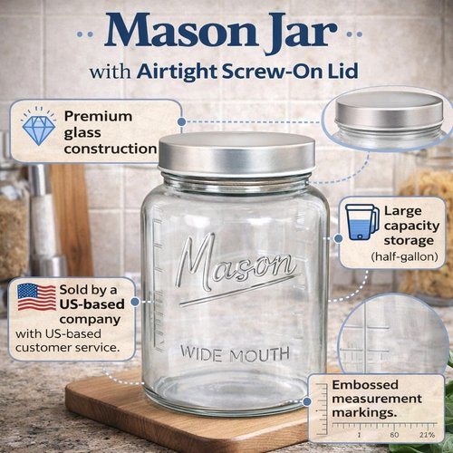 Kitchentoolz Half Gallon Glass Mason Jars with Extra Wide Mouth & Metal Lids - Airtight Food Storage & Canning Jars with Measurement Markings - 1/2 Gallon Mason Jar (4pk)