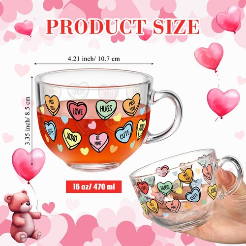 Sliner 6 Pcs Valentines Day Candy Heart Glass Coffee Mugs with Handle, 16 oz Clear Love Conversation Coffee Mugs Irish Glasses Cups for Valentine Gifts Beverages Latte Hot Chocolate(Conversation)