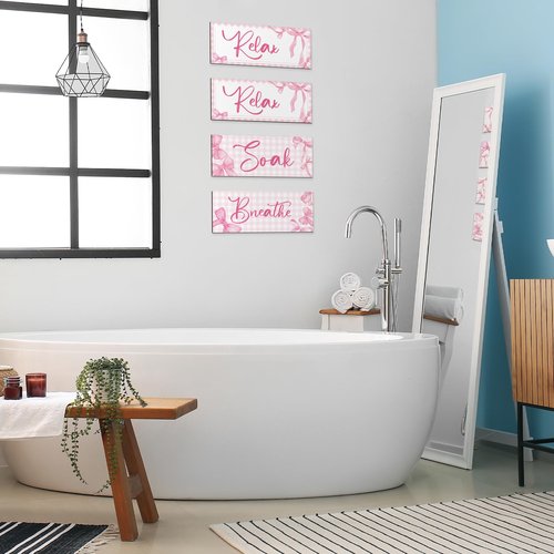 Yousoontic 4Pcs Coquette Pink Bow Wall Decor Aesthetic Pink Bow Bathroom Bedroom Wall Art Relax Soak Unwind Breathe Party Wood Hanging Sign Set for Home Laundry Spa Room