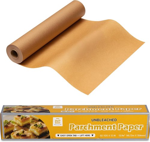 24/7 Bags Parchment Paper Roll - Non-Stick, Food Safe, 150 Sq Ft, 12" Wide with Serrated Cutter for Baking & Cooking