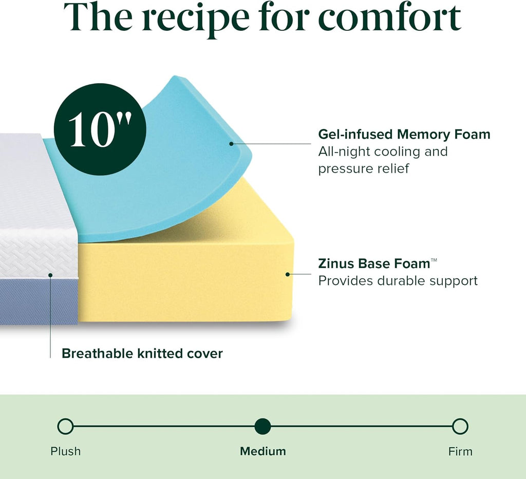 Zinus 10 Inch Twin Memory Foam Mattress - Cooling Comfort, Medium Feel, Fiberglass Free, Safe Materials
