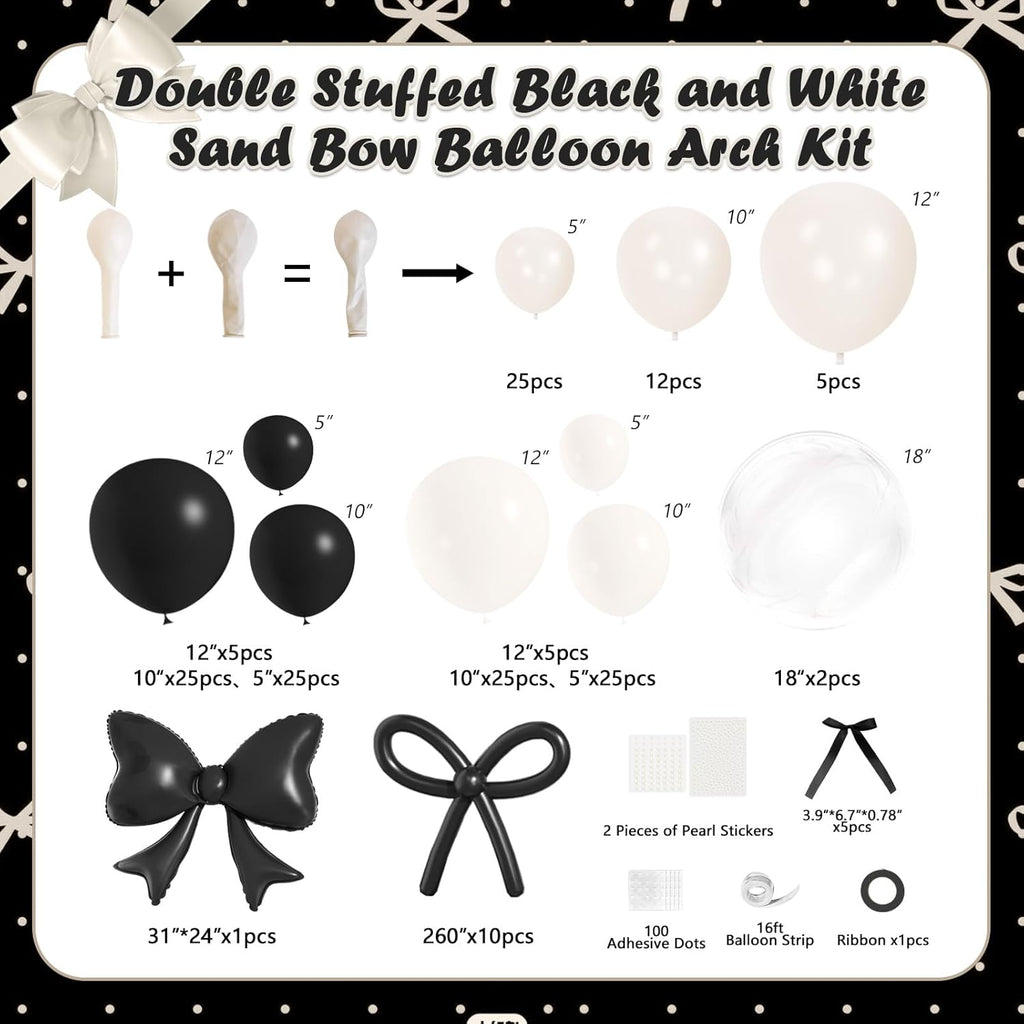 Skiennix Black Bow Birthday Decorations - 187Pcs Balloon Arch Kit with Pearl Balloons & Ribbons