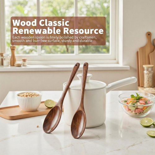 AERZIP 12 Inch Wooden Cooking Spoons, Long Handle Wooden Spoons, Heat Resistant, Large Wood Spoon for Cooking Serving Mixing Salads and Nonstick Cookware (2 PCS)