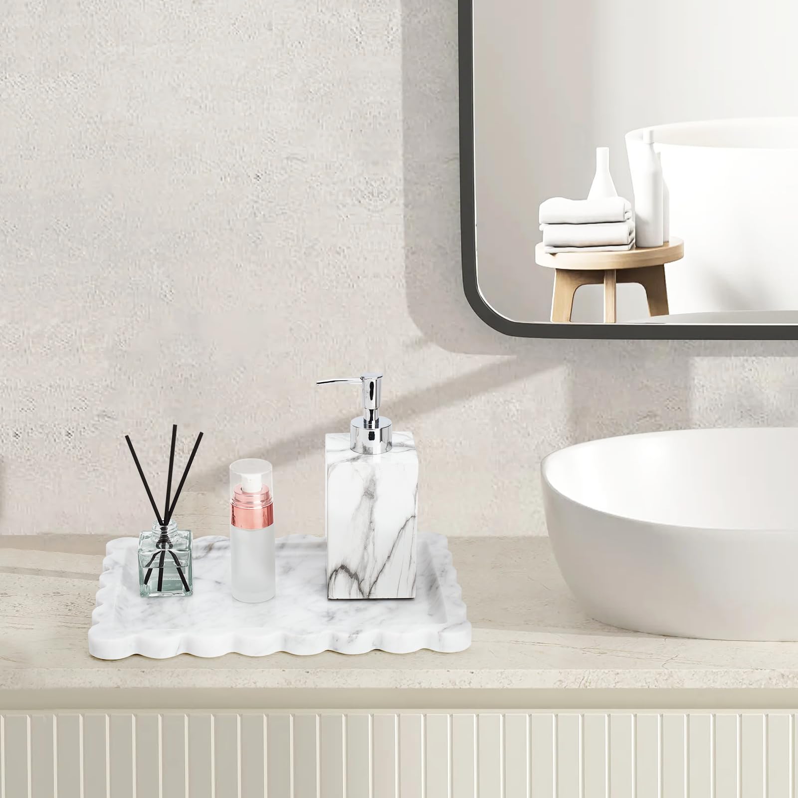 Real Natural Scalloped Marble Tray for Bathroom, Vanity, Kitchen and Desktop, Decorative Stone Tray for Jewelry, Cosmetics, Candles, Lotion, Perfume and Home Decor (12" L x 8" W)