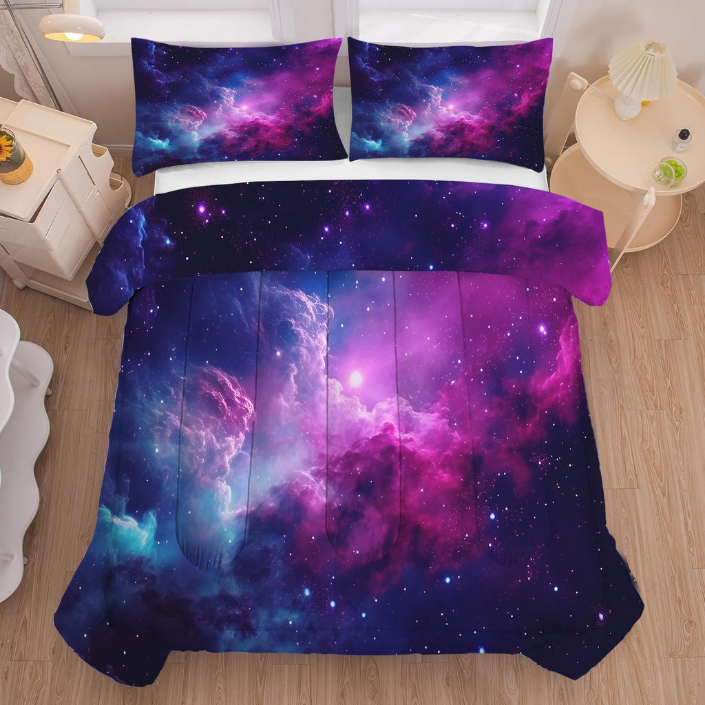 FUYEUN Galaxy Comforter Sets Queen Size Purple Outer Space Bedding Set for Teen Girls Boys Kids Children Bedroom Dorm Quilt 1 Comforter + 2 Pillow Cases