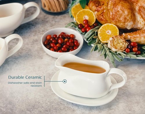 Kook Gravy Boat - 17 oz Ceramic Serving Dish with Tray | Microwave & Dishwasher Safe, White