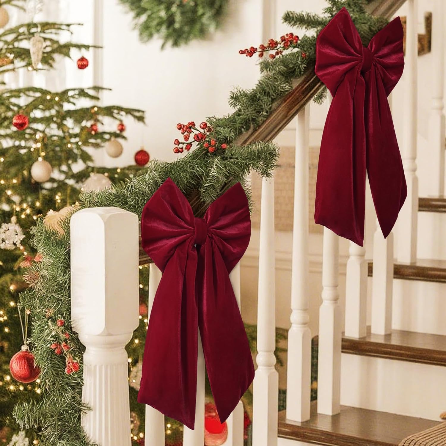 Skiennix Christmas Bows - Large 36x18 Inches Red Velvet Tree Topper - Burgundy Ribbon Decor for Indoor/Outdoor Use