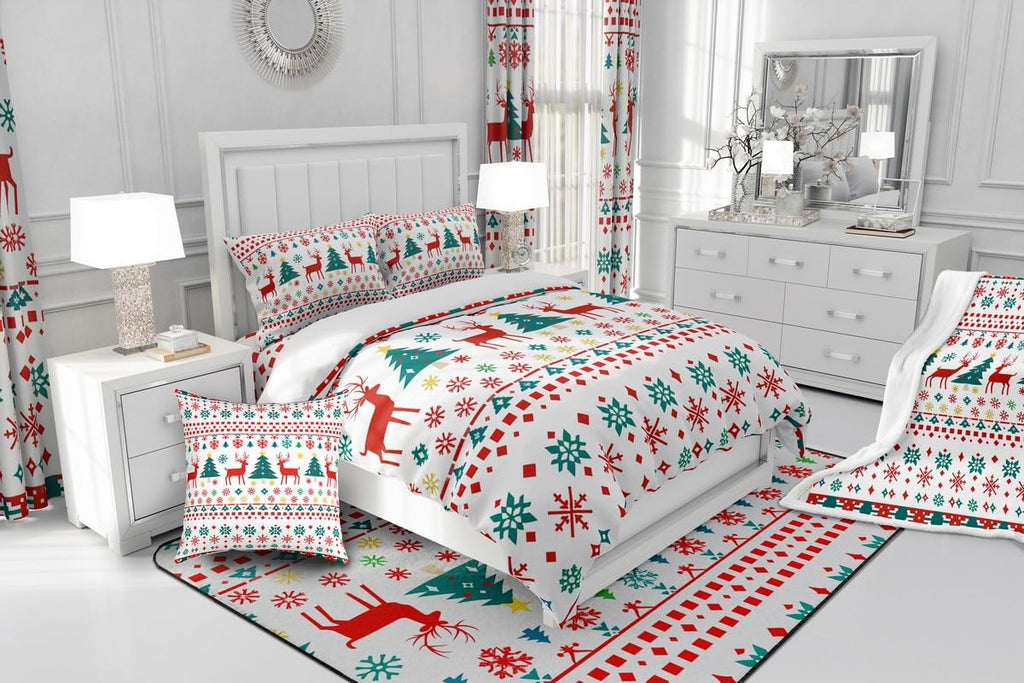 Reindeer Snowflake Comforter Set King Size,Abstract Christmas Tree Duvet Insert for Kids Boys Girls Room Decor,Bohemian Geometric Pattern Bedding Set 3Pcs,Merry Christmas Quilt Set,2 Pillowcases
