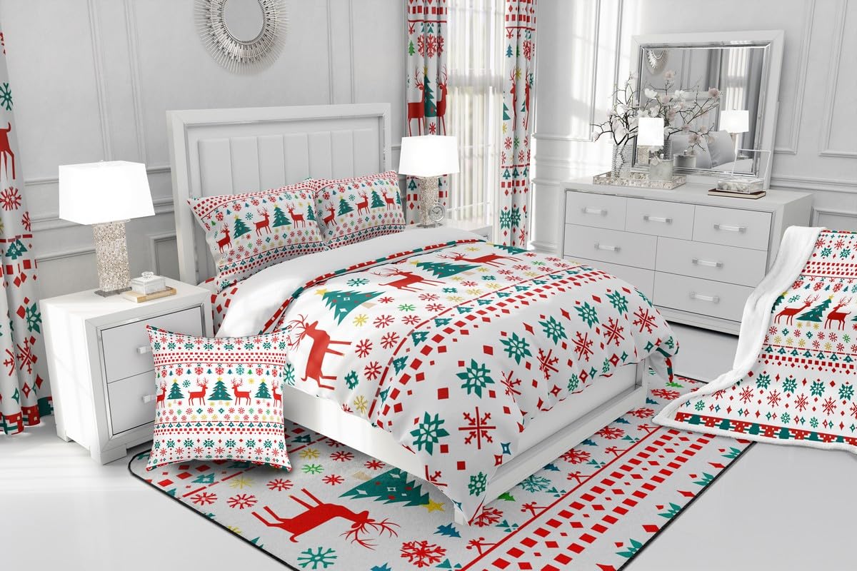 Reindeer Snowflake Comforter Set King Size,Abstract Christmas Tree Duvet Insert for Kids Boys Girls Room Decor,Bohemian Geometric Pattern Bedding Set 3Pcs,Merry Christmas Quilt Set,2 Pillowcases