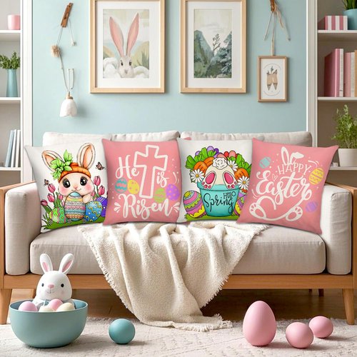 Easter Pillow Covers 18x18 Set of 4 Easter Eggs Decorations Stripe Hello Peeps Bunny Hip HopTruck Throw Pillows Cases Spring Farmhouse Party Decor