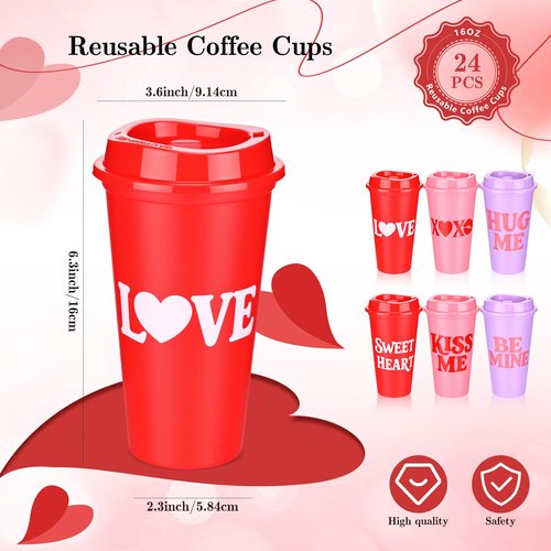 Ferrochef 24pcs Valentine Day Conversation Coffee Cups Mugs Gift Bulk 16oz Galentine Day Reusable Plastic Tumbler with Lids for Women Galentine Party Supplies Hot Cold Drinks (Love Lettering)