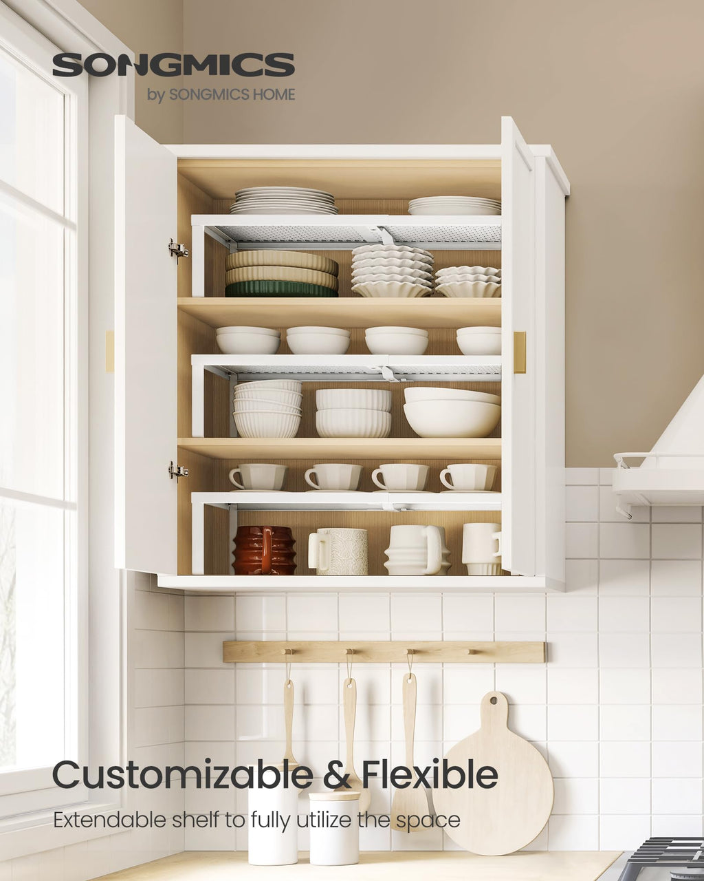 SONGMICS Spice Racks, Set of 3 Expandable Kitchen Countertop Shelves, Small Cupboard Organizers, Metal, Space-Saving Tabletop Shelves, Matte White UKCS403WC01
