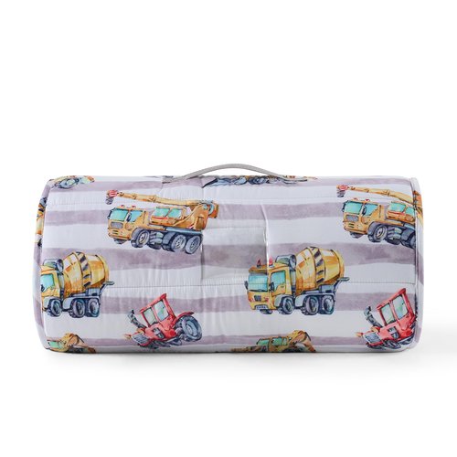 Kids Sleeping Bag Nap Mat with Pillow & Blanket – 3-in-1 Machine Washable Quilted Mat for Kids – Portable with Handles – 20" x 50" for Daycare, Preschool, Travel, & Sleepovers, Construction Trucks