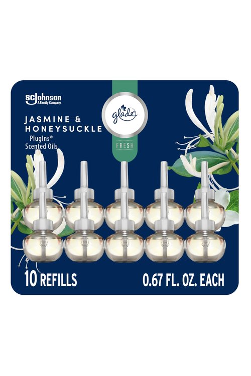 Glade PlugIns Refills Air Freshener, Jasmine & Honeysuckle, Scented and Essential Oils for Home and Bathroom, 0.67 Fl Oz, 10 Count