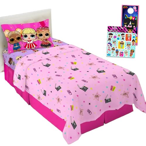 LOL Surprise Bedding Set Twin Bed - Bundle with Flat Sheet, Fitted Sheet, and Double Sided Pillowcase for Twin Bed Plus Stickers, More | LOL Surprise Bedroom Decor