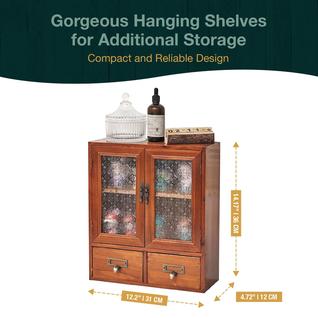 Geometric Motif Mahogany Storage Cabinet with Floral-Embossed Pressed Glass Doors – Victoria Floral Patterned Display Cupboard with 2 Drawers for Kitchen, Pantry and Countertop Organization