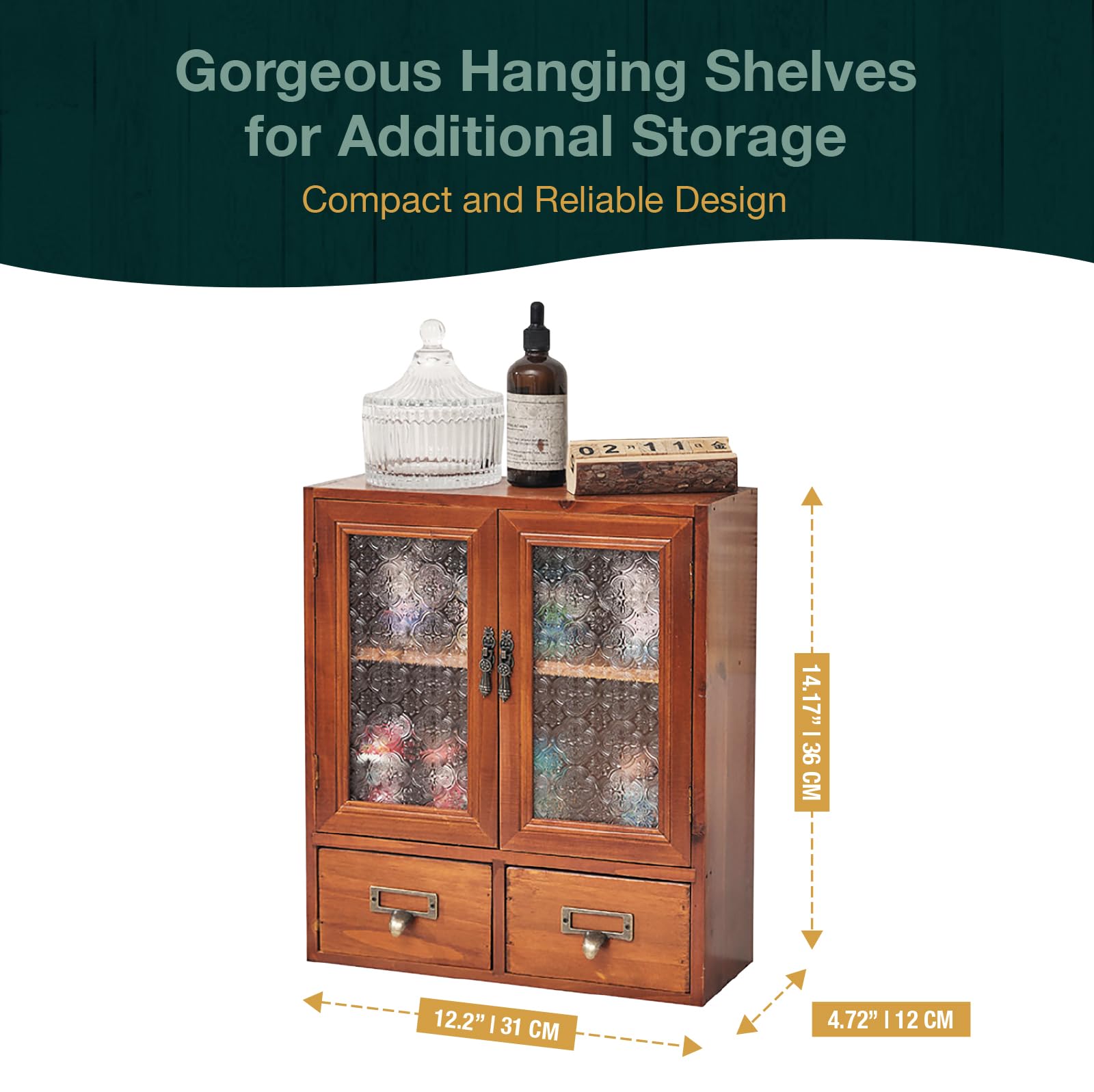 Geometric Motif Mahogany Storage Cabinet with Floral-Embossed Pressed Glass Doors – Victoria Floral Patterned Display Cupboard with 2 Drawers for Kitchen, Pantry and Countertop Organization