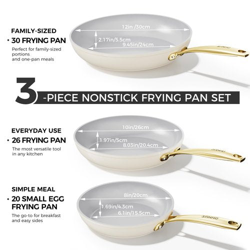 Sanho 3-Piece Nonstick Frying Pan Set with Diamond-Titanium Ceramic Coating, PFAS/PFOA Free - 8, 10 & 12 Inch Skillets - Oven & Dishwasher Safe, Induction Compatible, Cool Touch PVD Handle