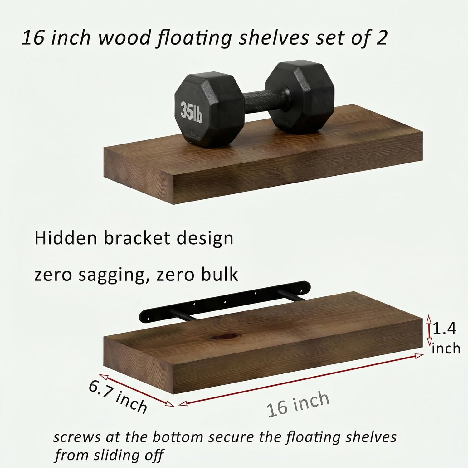 BBE Floating Shelves - Rustic Walnut Wall-Mounted Storage | 16 Inch Set of 2 for Bathroom, Living Room, Kitchen