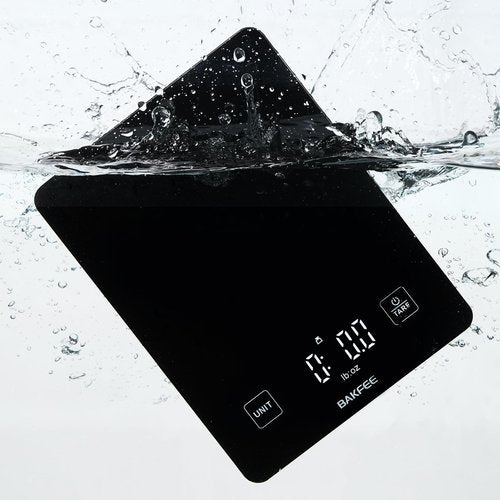 BAKFEE IP67 Waterproof Food Scale with Tempered Glass Surface, 22lb Kitchen Scale 1g Precision, USB Rechargeable, LED Display, Grams and Ounces, for Baking, Cooking, Making Sourdough Bread. Black