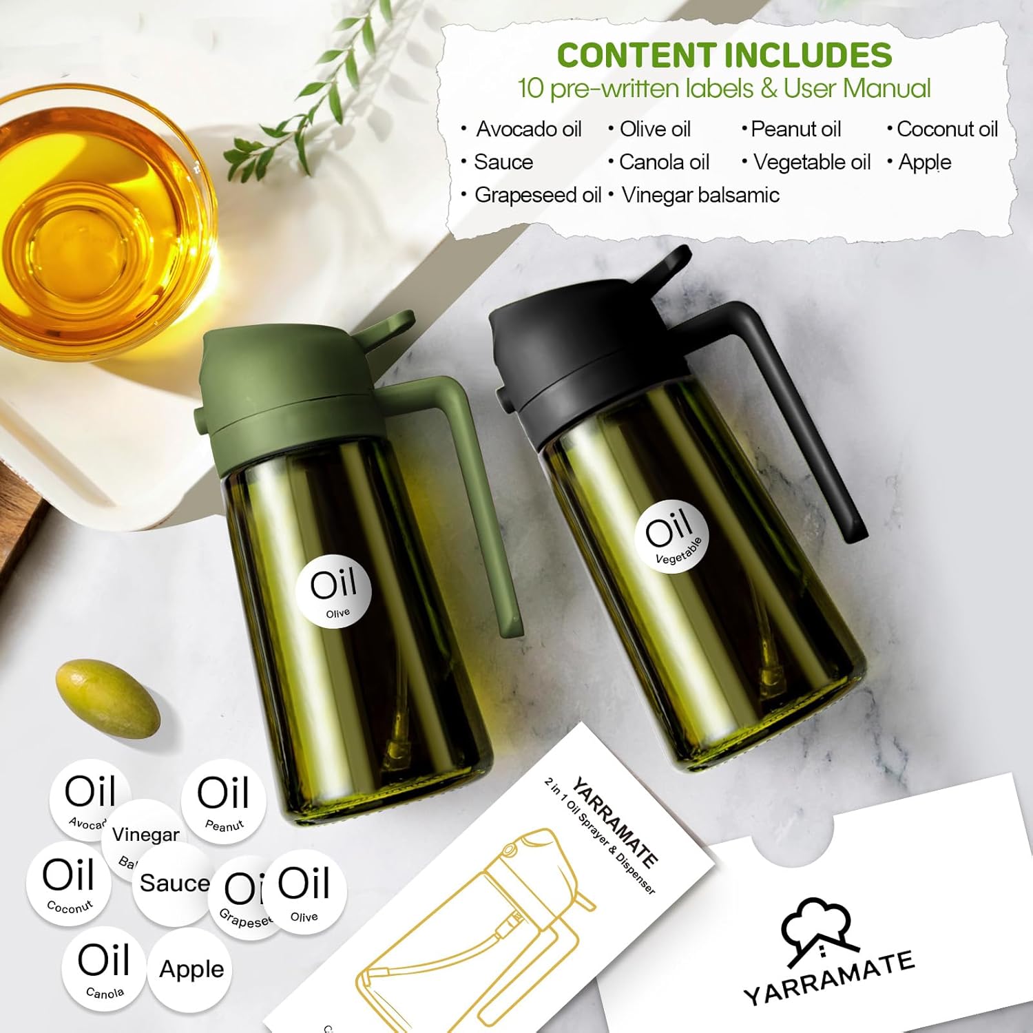 YARRAMATE 2Pcs Dark Green Oil Sprayer - 16oz Food-Grade Olive Oil Dispenser for Cooking & BBQ