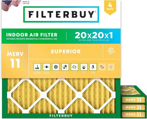 Filterbuy 20x20x1 Air Filter - MERV 11 Pet & Allergy Defense | 4-Pack Electrostatic Pleated HVAC Filters