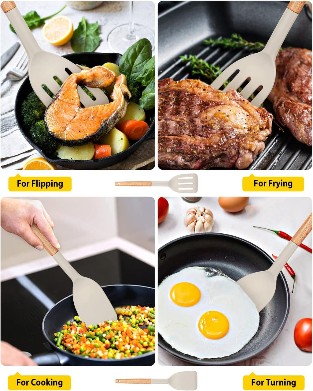 Skiennix Silicone Cooking Spatula Set - Heat Resistant Non-Stick Slotted Turner | Pack of 2 with Wooden Handles