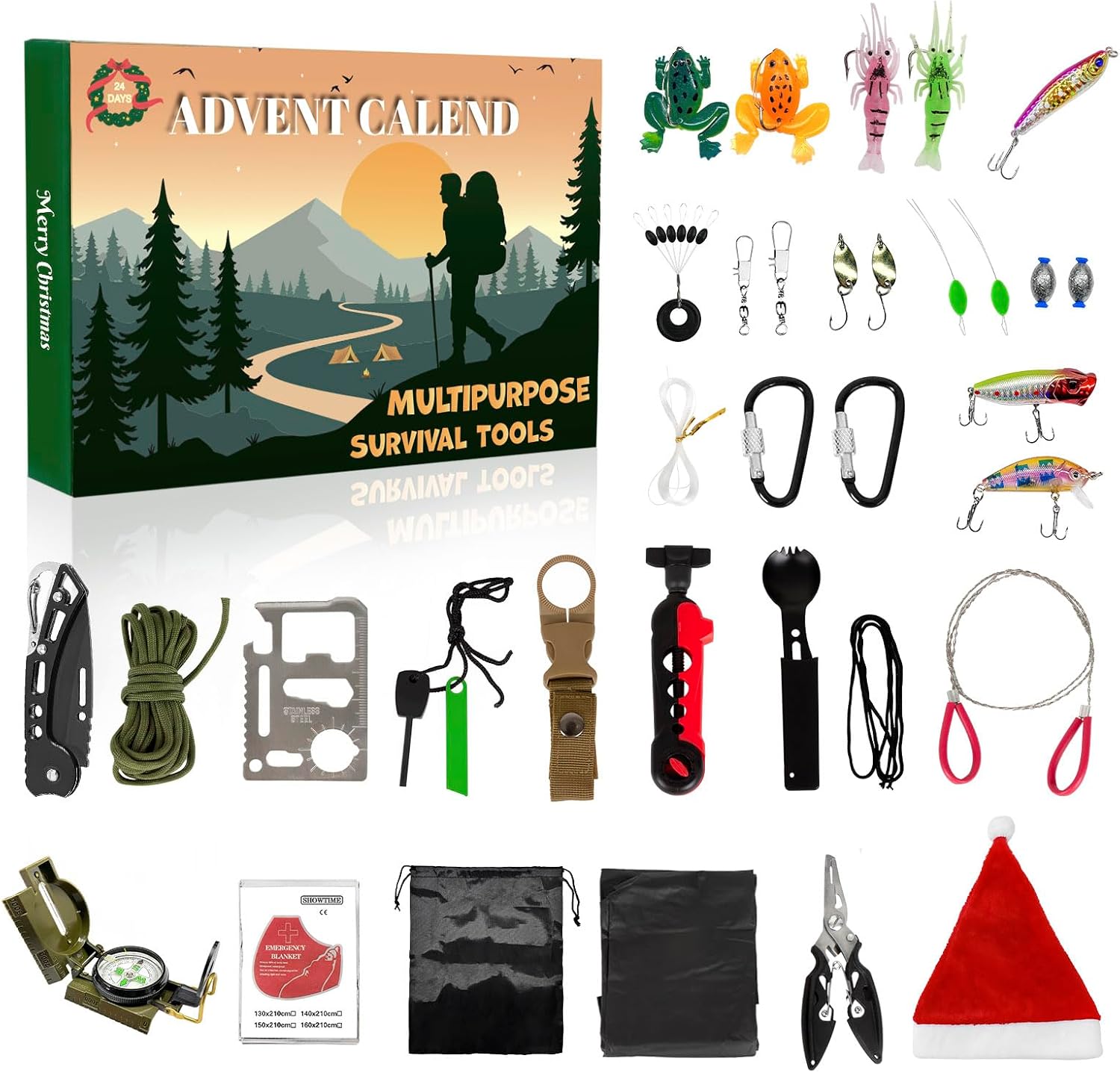 2025 Survival Kit Advent Calendar for Men - 33-Piece Outdoor Gear for Camping, Fishing & Hunting