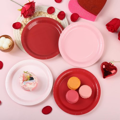 AimFun 48 Pcs Red Pink Paper Plates Valentines Day Gradient Color Party Plates 7 Inch Disposable Round Dessert Cake Plates for Baby Bridal Shower Birthday Mother's Day Party Supplies