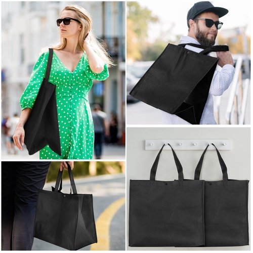 Boao 48 Pack Reusable Grocery Bags 13''L x 9.4''W x 15''H Large Foldable Shopping Tote Bag Non Woven with Handle and Button(Black)
