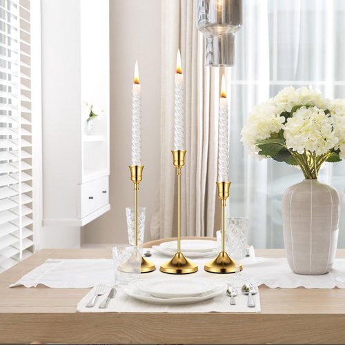 Gold Taper Candle Holders for Pillar Candles, Brass Candlestick Holders, Skinny Candle Holder Decor for centros de mesa Table Centerpiece