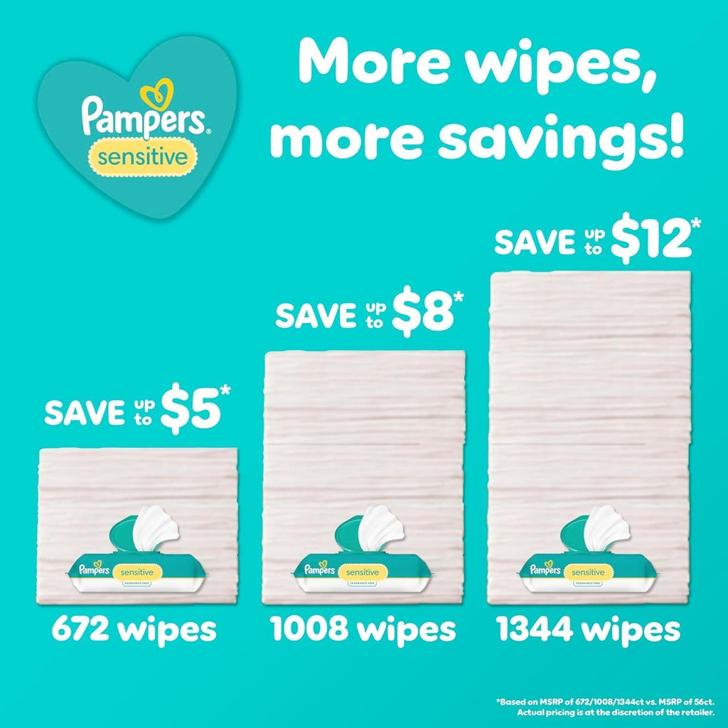 Pampers Sensitive Baby Wipes - Hypoallergenic & Unscented | 18 Flip-Top Packs (1008 Wipes Total)