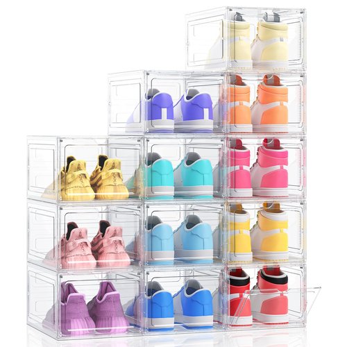 Kitsure Thicker & Sturdier Shoe Boxes - 12 Pack White Clear Plastic Foldable Storage Organizer with Magnetic Door, Reinforced Heavy-Duty Design for Sneakers, Toiletries & Accessories, 13.2"x9.8"x7.3"