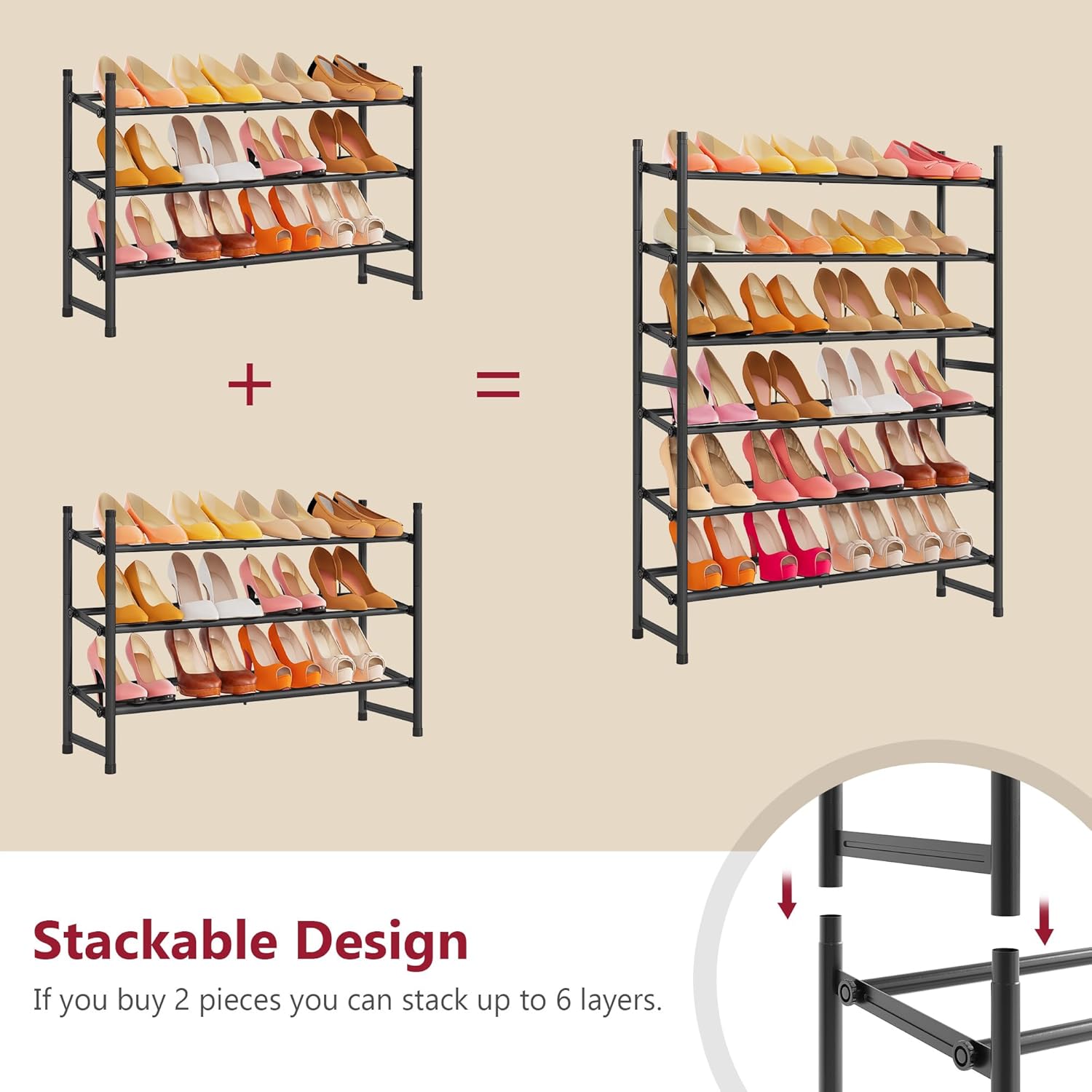 Tajsoon Expandable Shoe Rack - 3-Tier Adjustable & Stackable Metal Organizer | 28"-41" Black Storage Solution