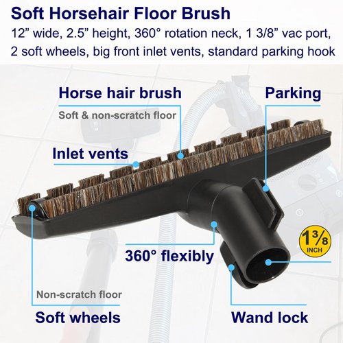 Portek 12" Hard Floor Brush Replacement Compatible with Miele Vacuum Cleaners, Upgraded Horsehair Bristles Floorhead Vacuum Attachment with Wheels, Ideal for Hardwood Cleaning, 2.5" Low Height, Black