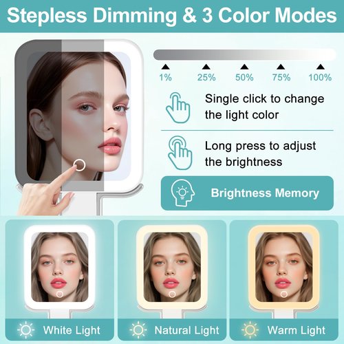 DECLUTTR Travel Makeup Mirror with Lights, Rechargeable 1X/15X Magnifying with Light Double Sided，Portable Handheld Mirror with 3 Color Light Dimmable, Tabletop,Hanging,White