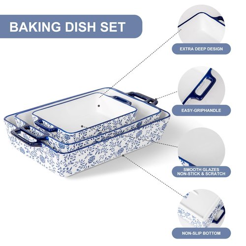 Cerkik Ceramic Bakeware Set - Casserole Dish Baking Dishes for Oven - Rectangular Lasagna Pans with Handles for Kitchen Cooking - Microwave & Dishwasher Safe - Set of 3 (15.1''/13.6''/9.9'') - Blue