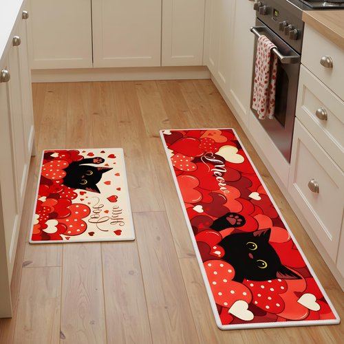 Valentines Day Kitchen Rugs Set of 2, Non Slip Black Cat Red Heart Valentines Kitchen Mats, Hello Love Floor Mat Decor for Indoor Outdoor Valentine Anniversary Home Decorations 17x47 and 17x29 Inch